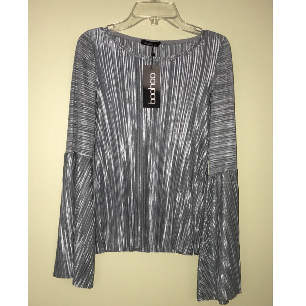 Boohoo Pastel Blue Flared Sleeve Pleated Top